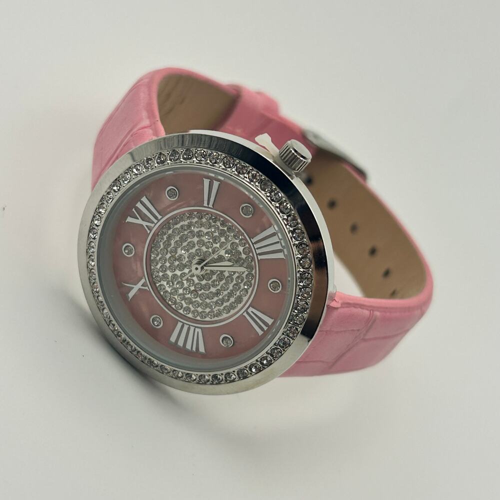 Genevex by Croton Women's Silver-Tone Pink Leather Band Quartz Watch New Battery - Picture 4 of 8